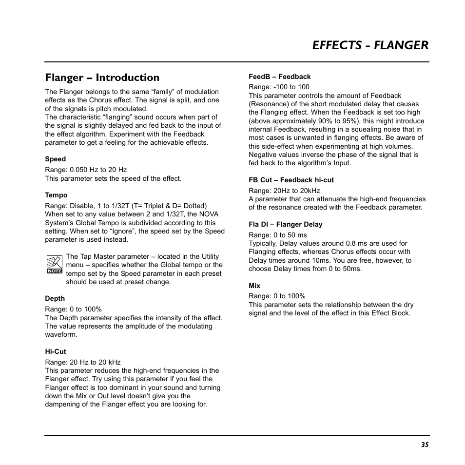 Effects - flanger, Flanger – introduction | TC Electronic Nova System User Manual | Page 35 / 46