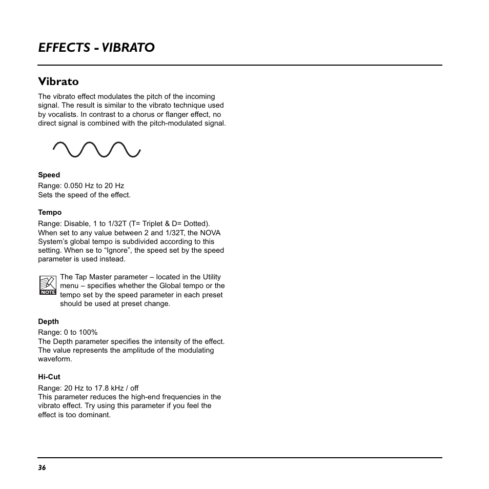 Effects - vibrato, Vibrato | TC Electronic Nova System User Manual | Page 36 / 46