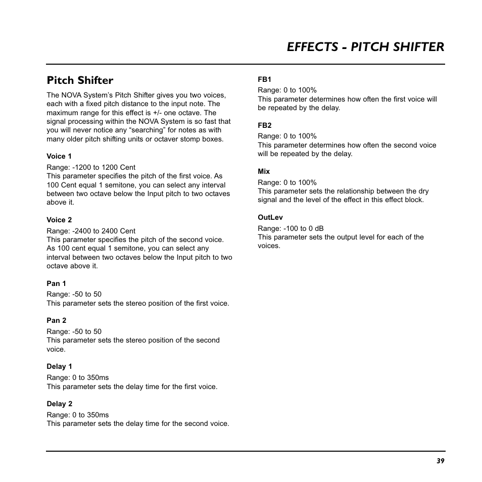 Effects - pitch shifter, Pitch shifter | TC Electronic Nova System User Manual | Page 39 / 46