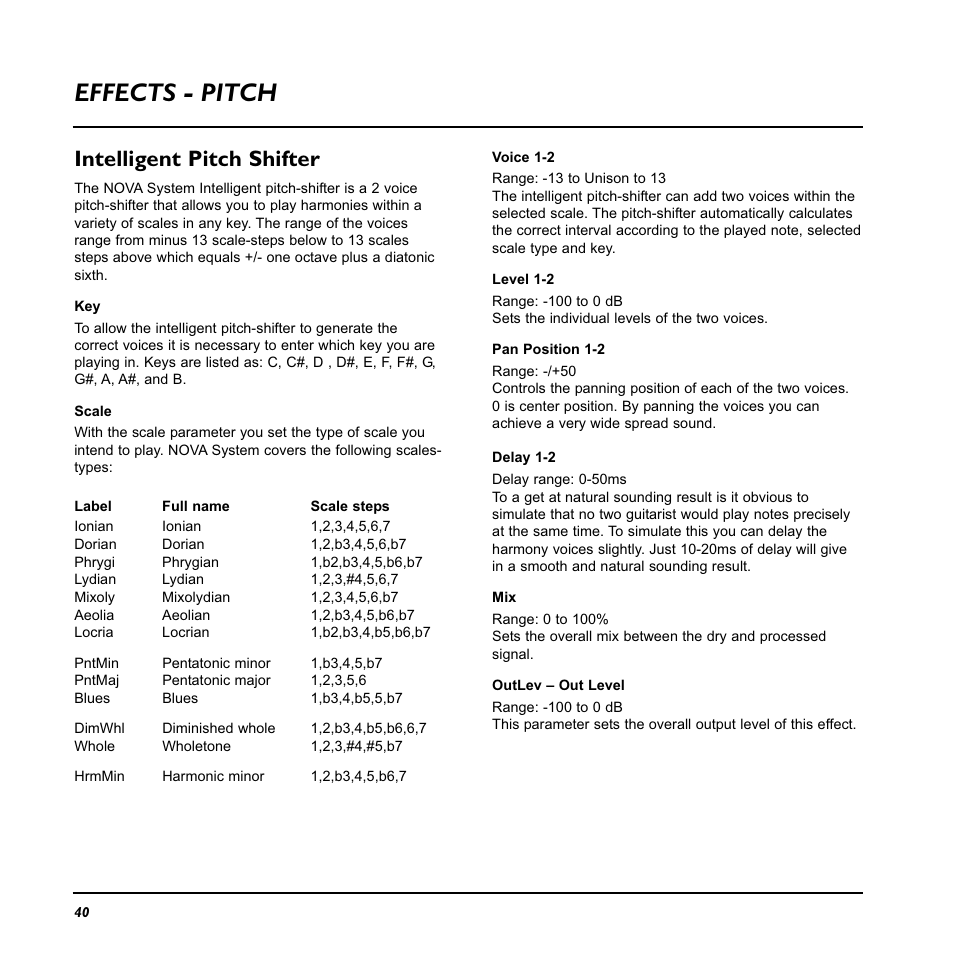 Effects - pitch, Intelligent pitch shifter | TC Electronic Nova System User Manual | Page 40 / 46