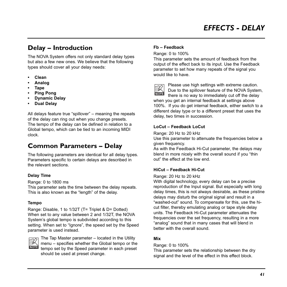 Effects - delay, Delay – introduction, Common parameters – delay | TC Electronic Nova System User Manual | Page 41 / 46