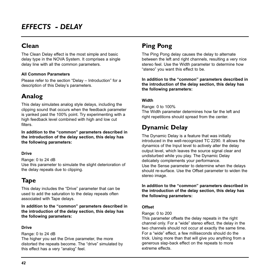 Effects - delay, Clean, Analog | Tape, Ping pong, Dynamic delay | TC Electronic Nova System User Manual | Page 42 / 46