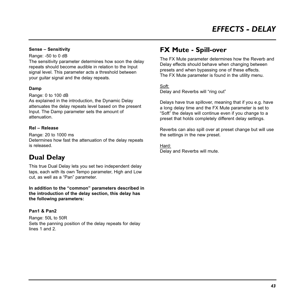 Effects - delay, Fx mute - spill-over, Dual delay | TC Electronic Nova System User Manual | Page 43 / 46