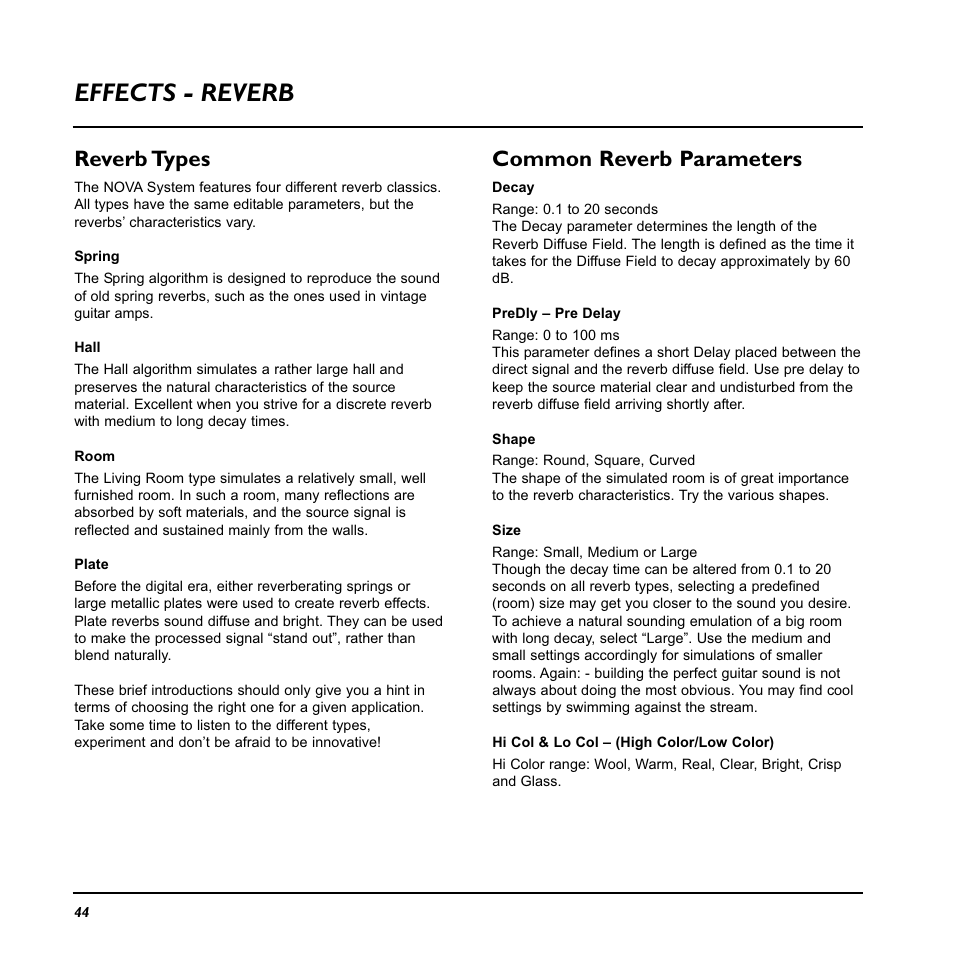 Effects - reverb, Common reverb parameters, Reverb types | TC Electronic Nova System User Manual | Page 44 / 46