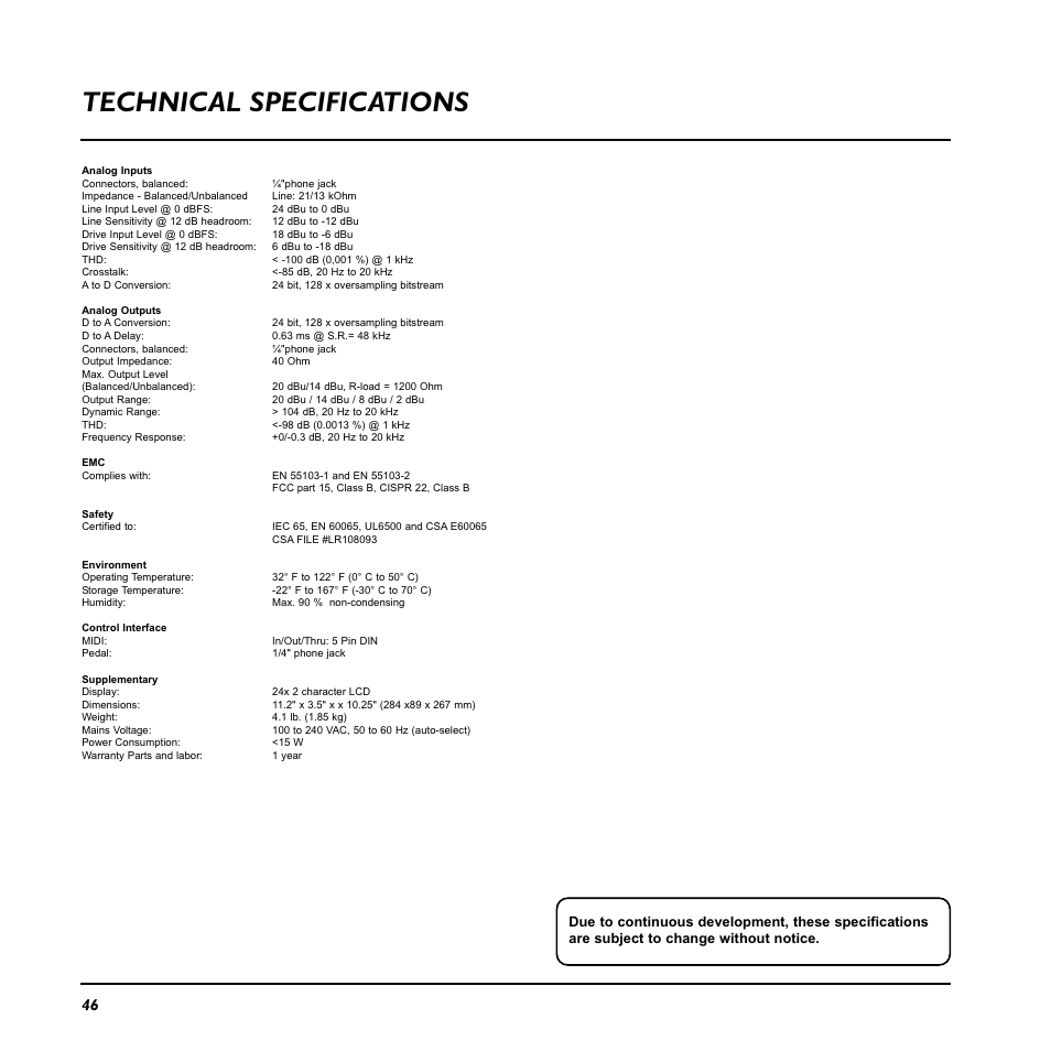 Technical specifications | TC Electronic Nova System User Manual | Page 46 / 46
