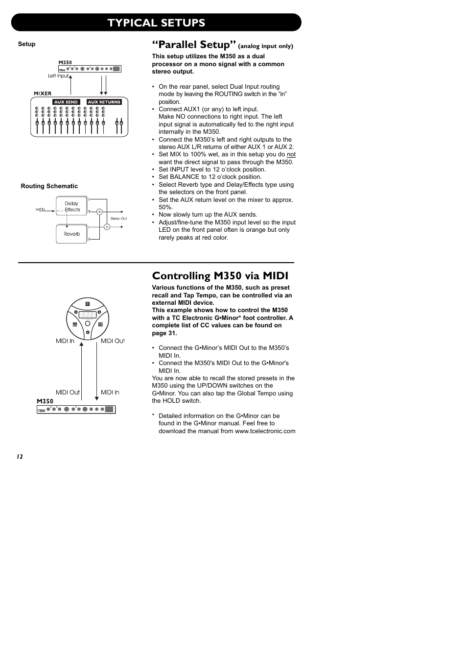 Typical setups, Parallel setup, Controlling m350 via midi | TC Electronic M350 User Manual | Page 14 / 34