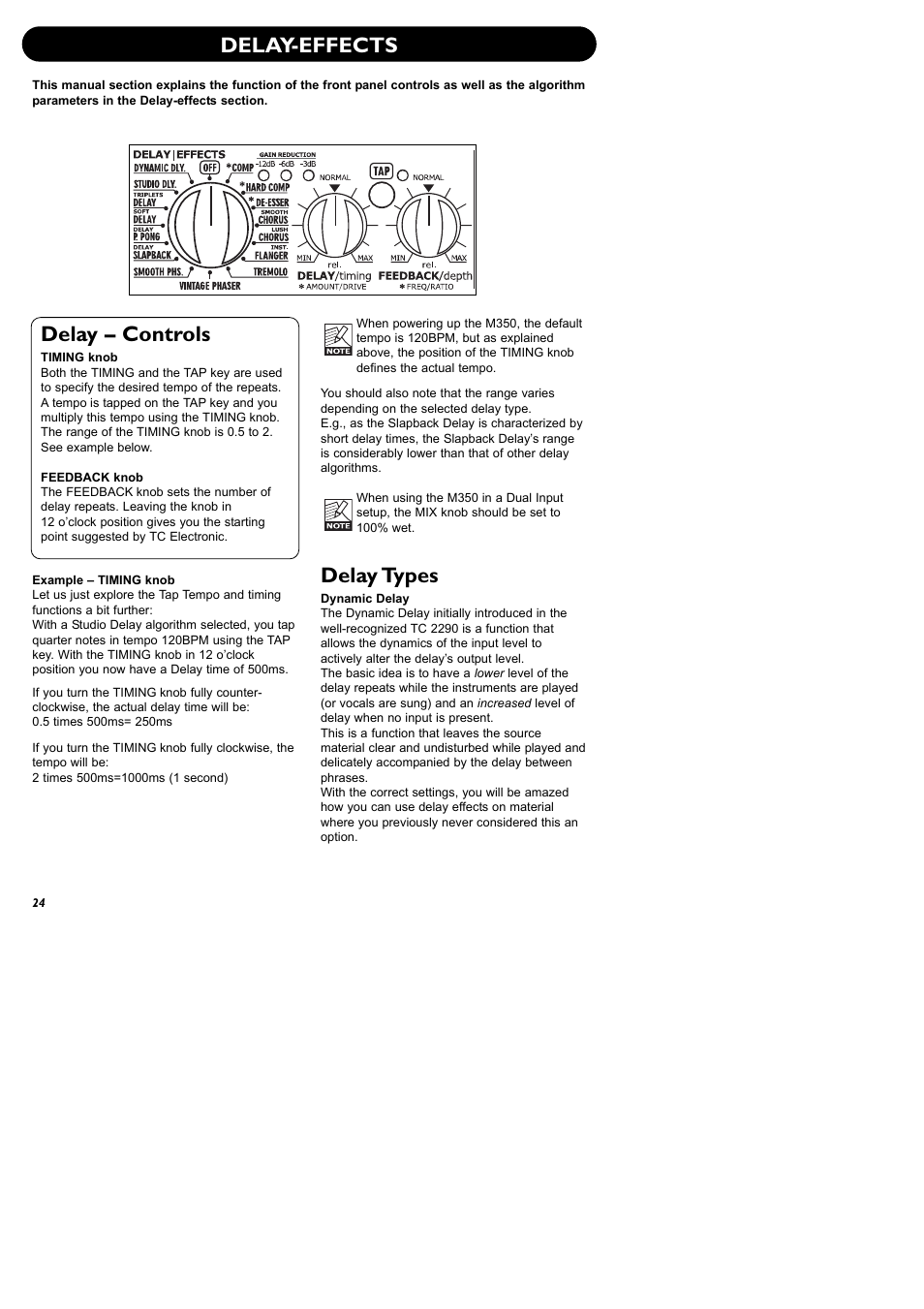 Delay-effects, Delay types, Delay – controls | TC Electronic M350 User Manual | Page 26 / 34