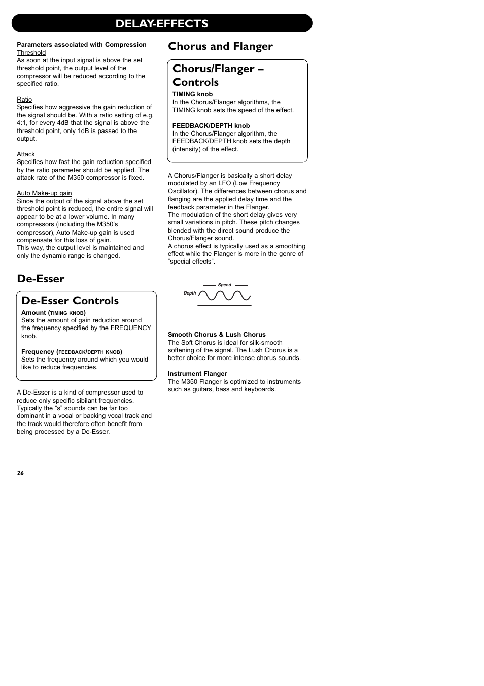 Delay-effects, De-esser, Chorus and flanger | Chorus/flanger – controls, De-esser controls | TC Electronic M350 User Manual | Page 28 / 34