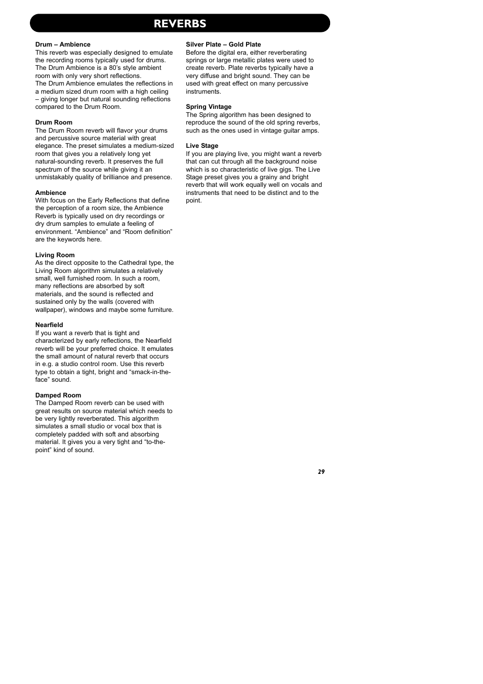 Reverbs | TC Electronic M350 User Manual | Page 31 / 34