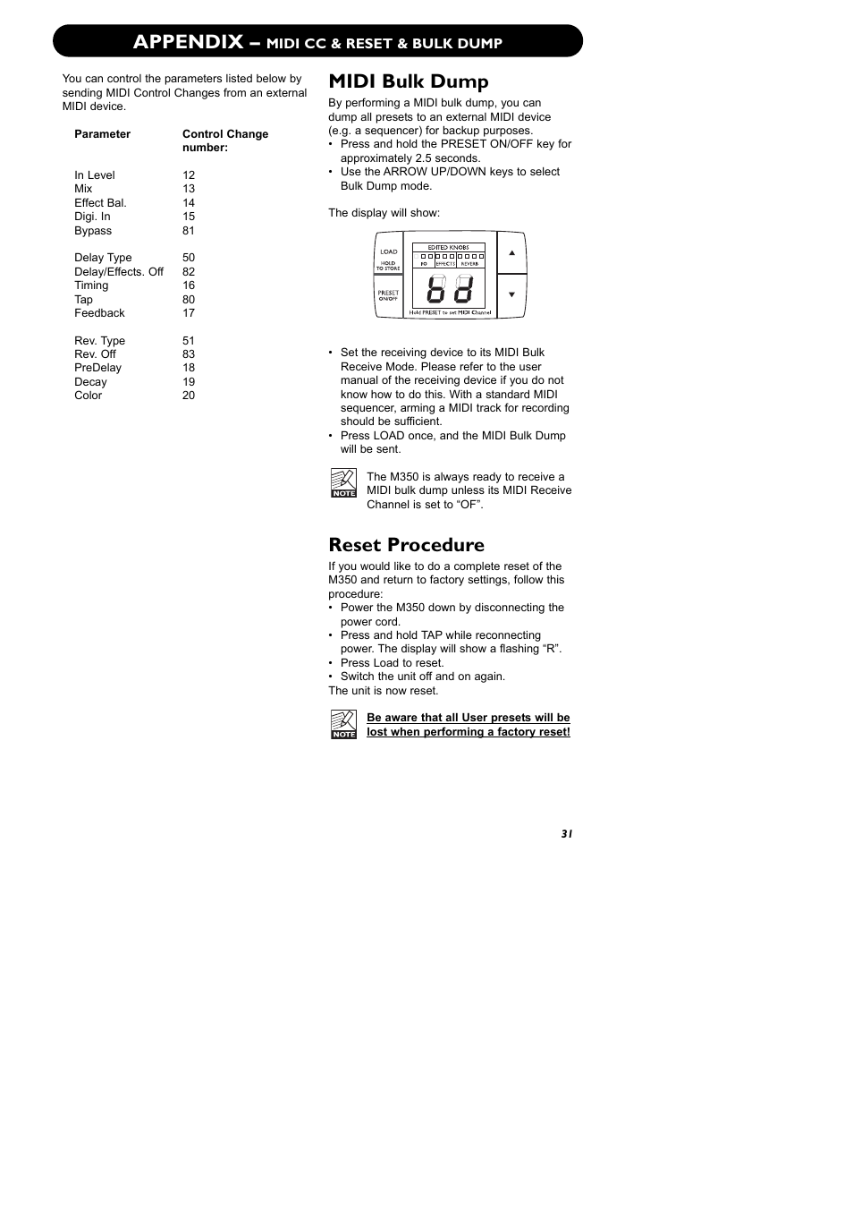 Appendix, Midi bulk dump, Reset procedure | TC Electronic M350 User Manual | Page 33 / 34