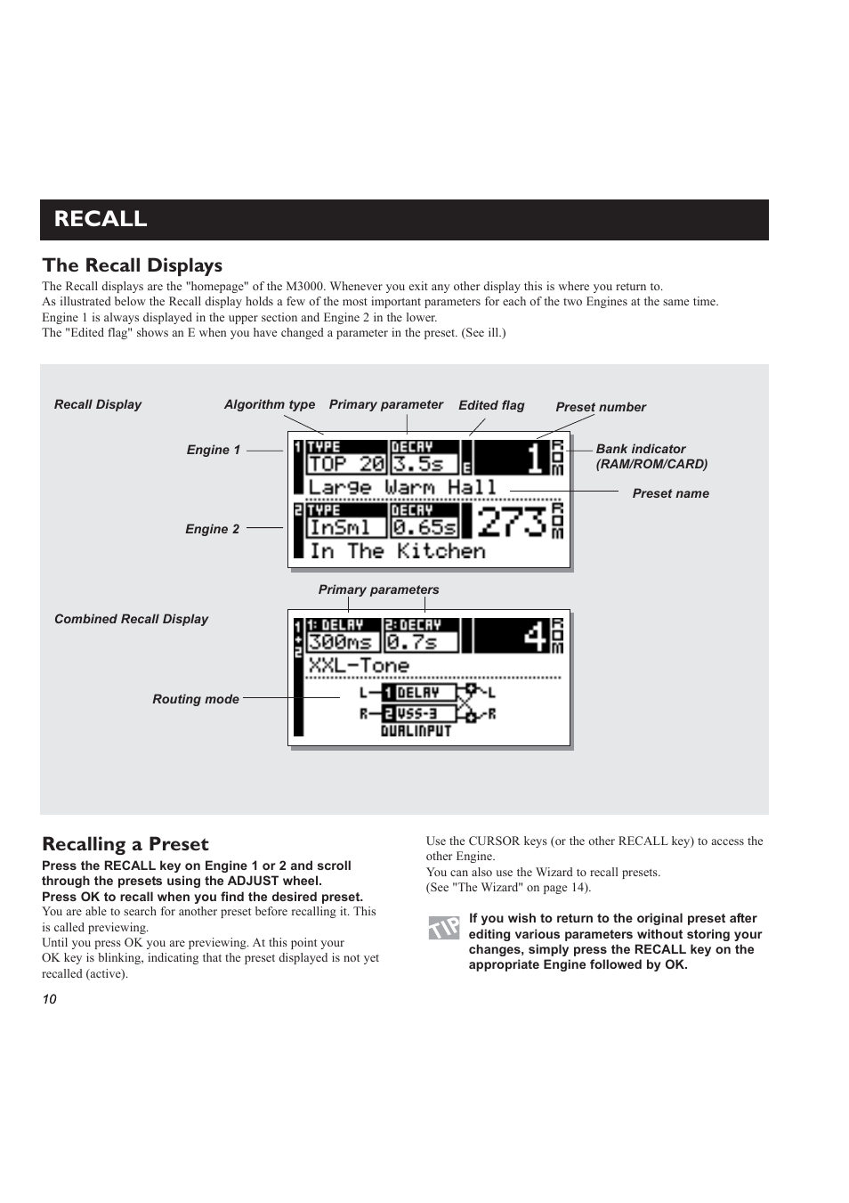 Recall, The recall displays, Recalling a preset | TC Electronic M3000 User Manual | Page 12 / 78