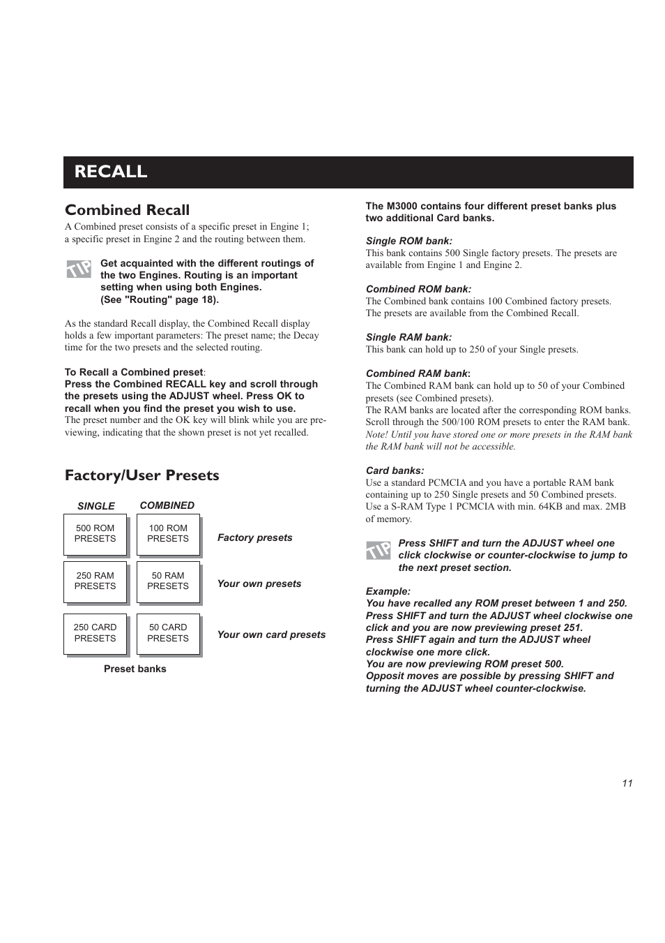 Recall, Factory/user presets, Combined recall | TC Electronic M3000 User Manual | Page 13 / 78