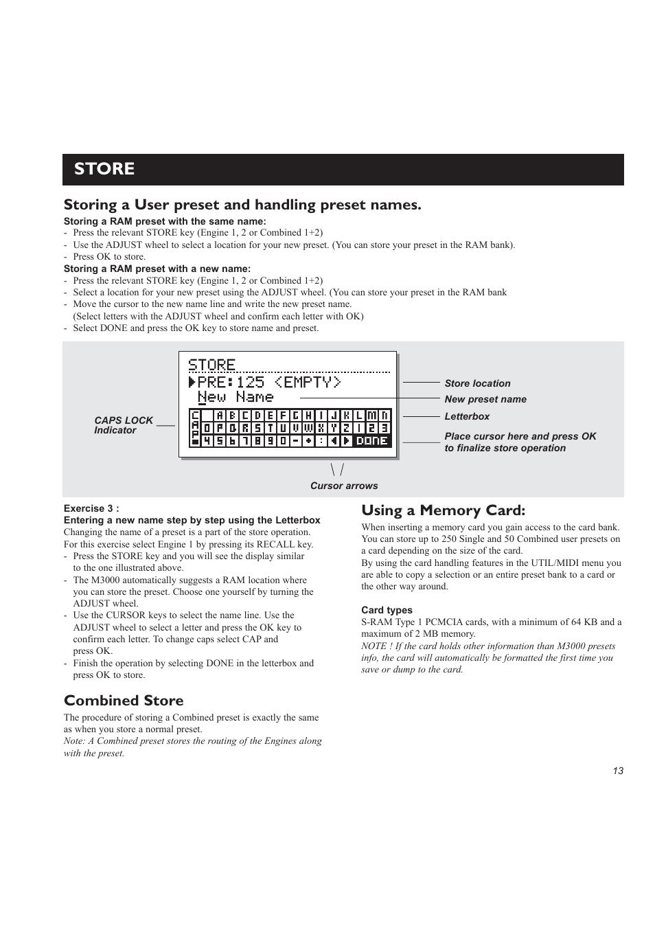 Store, Storing a user preset and handling preset names, Combined store | TC Electronic M3000 User Manual | Page 15 / 78