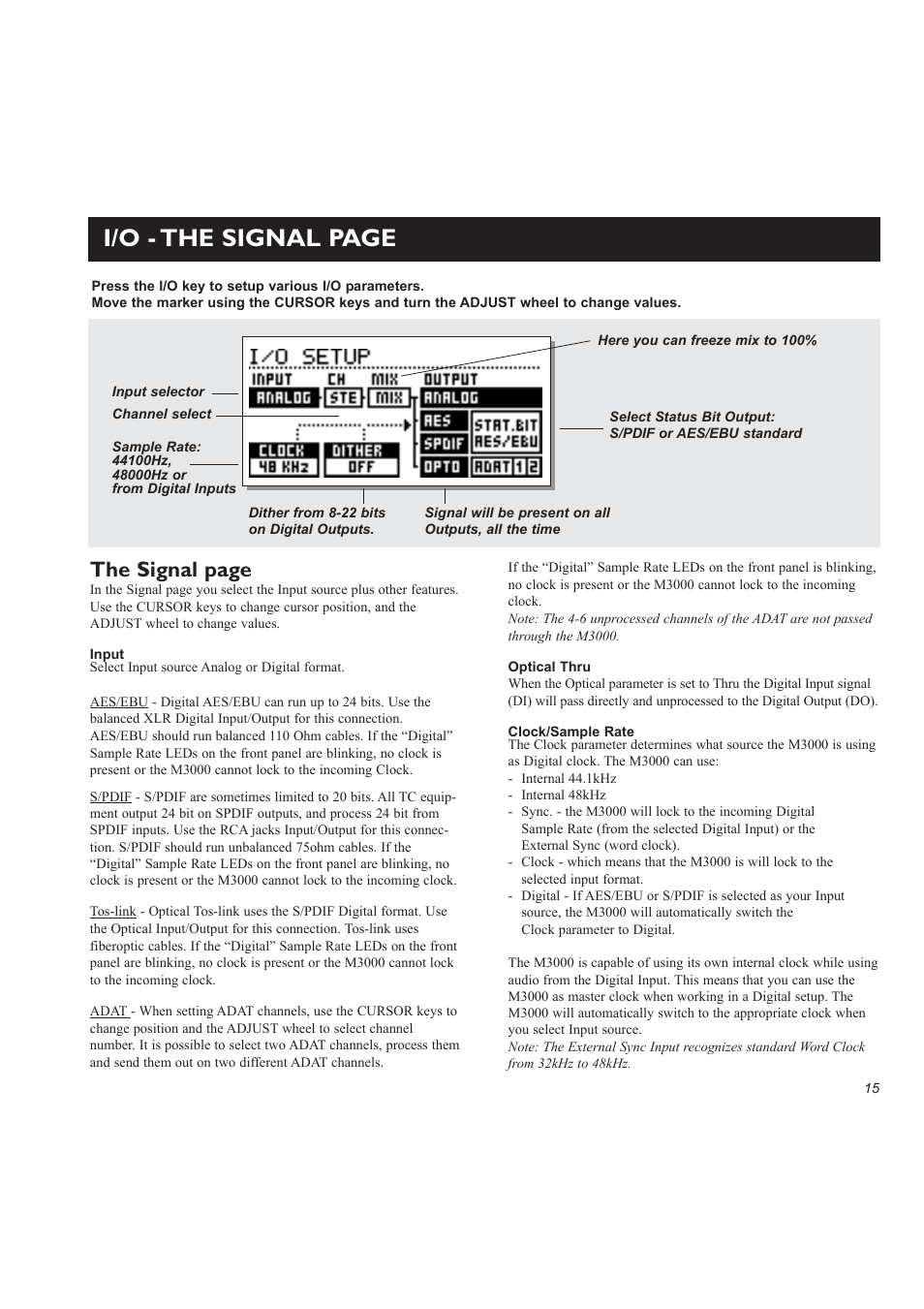 I/o - the signal page, The signal page | TC Electronic M3000 User Manual | Page 17 / 78