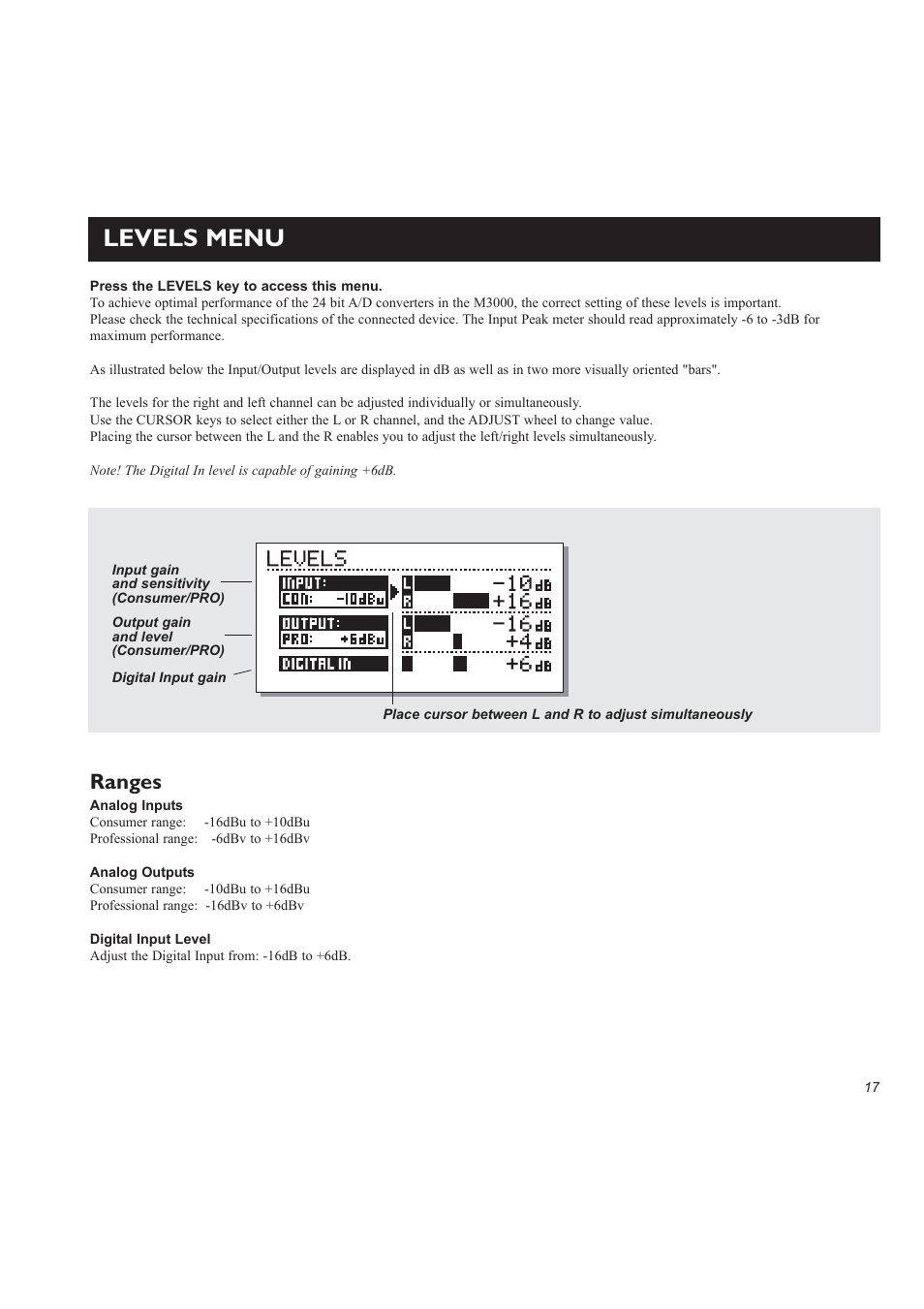 Levels menu, Ranges | TC Electronic M3000 User Manual | Page 19 / 78