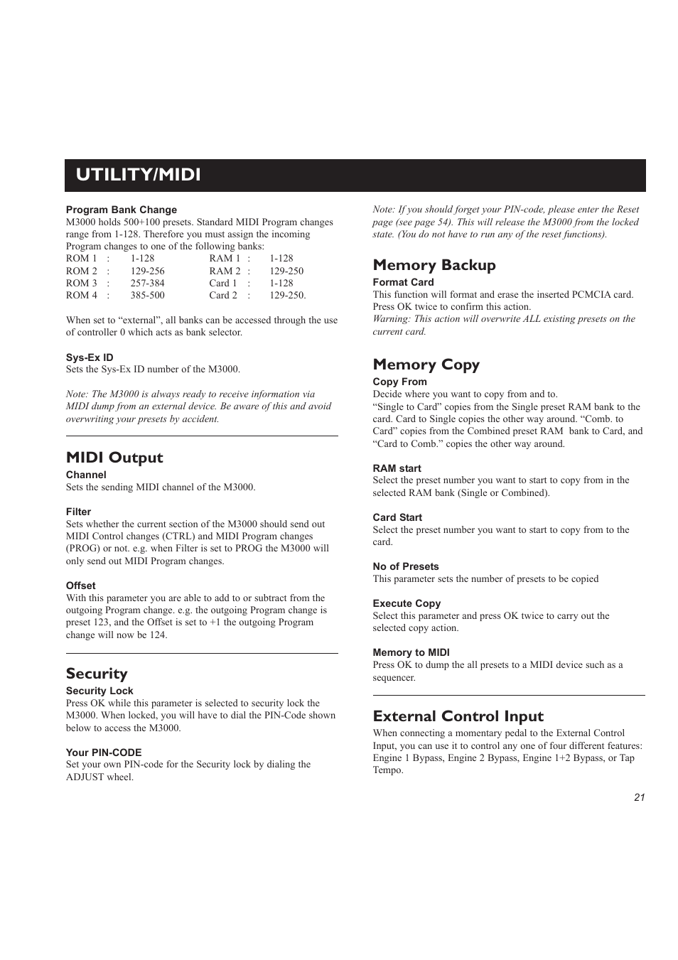 Utility/midi, External control input, Midi output | Security | TC Electronic M3000 User Manual | Page 23 / 78