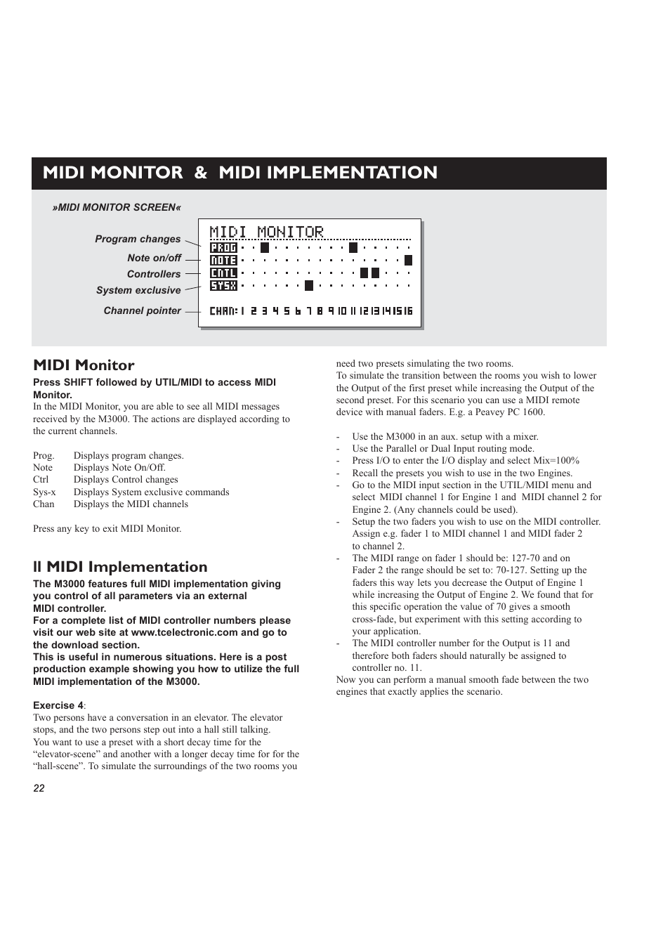 Midi monitor & midi implementation, Midi monitor, Ll midi implementation | TC Electronic M3000 User Manual | Page 24 / 78