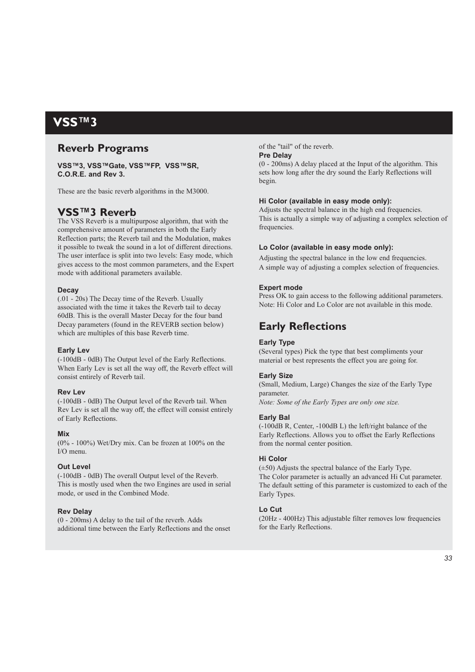 Vss™3, Reverb programs, Vss™3 reverb | Early reflections | TC Electronic M3000 User Manual | Page 35 / 78