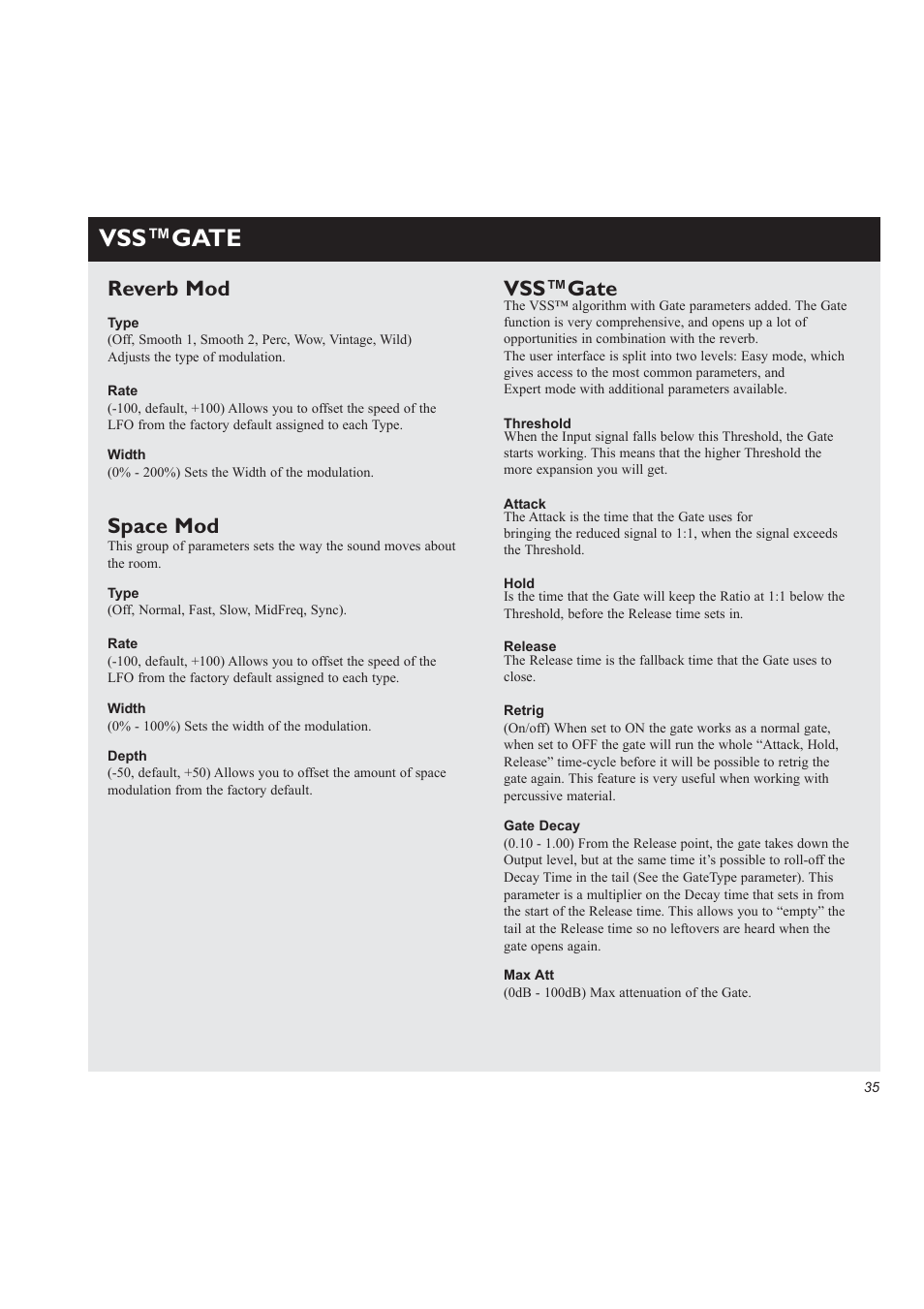 Reverb mod, Space mod, Vss™gate | TC Electronic M3000 User Manual | Page 37 / 78