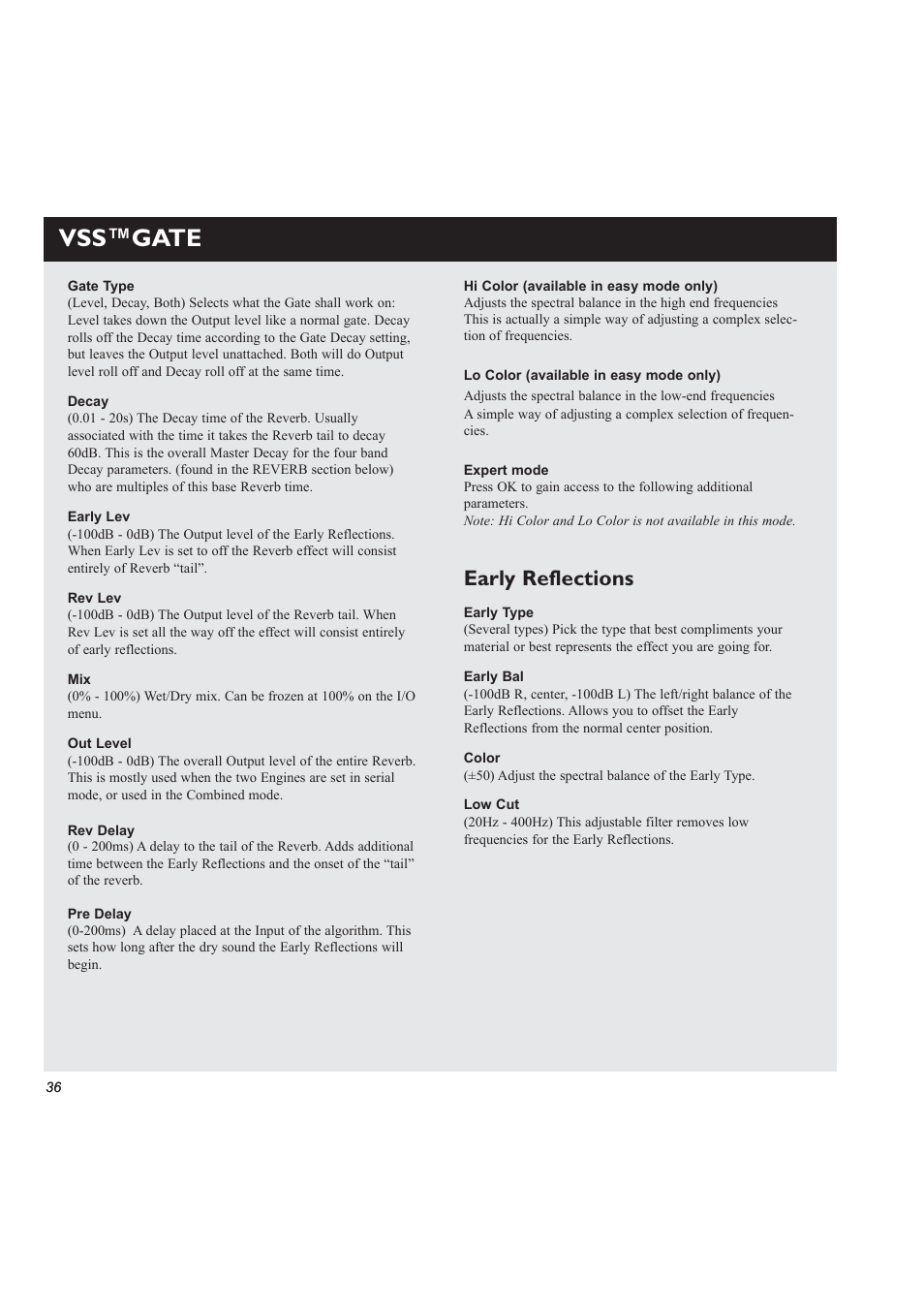 Vss™gate, Early reflections | TC Electronic M3000 User Manual | Page 38 / 78