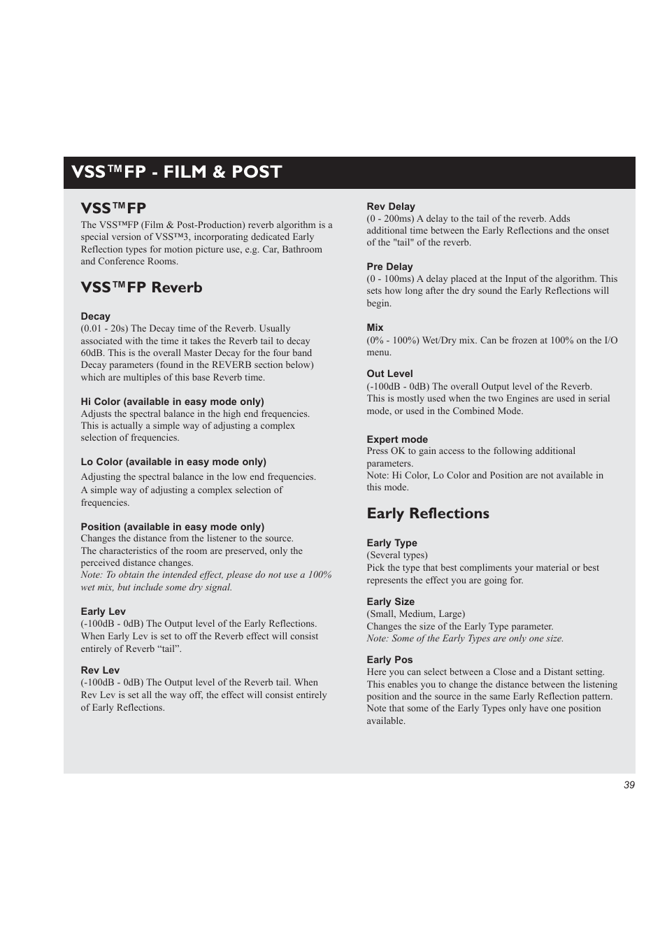 Vss™fp - film & post, Vss™fp, Vss™fp reverb | Early reflections | TC Electronic M3000 User Manual | Page 41 / 78