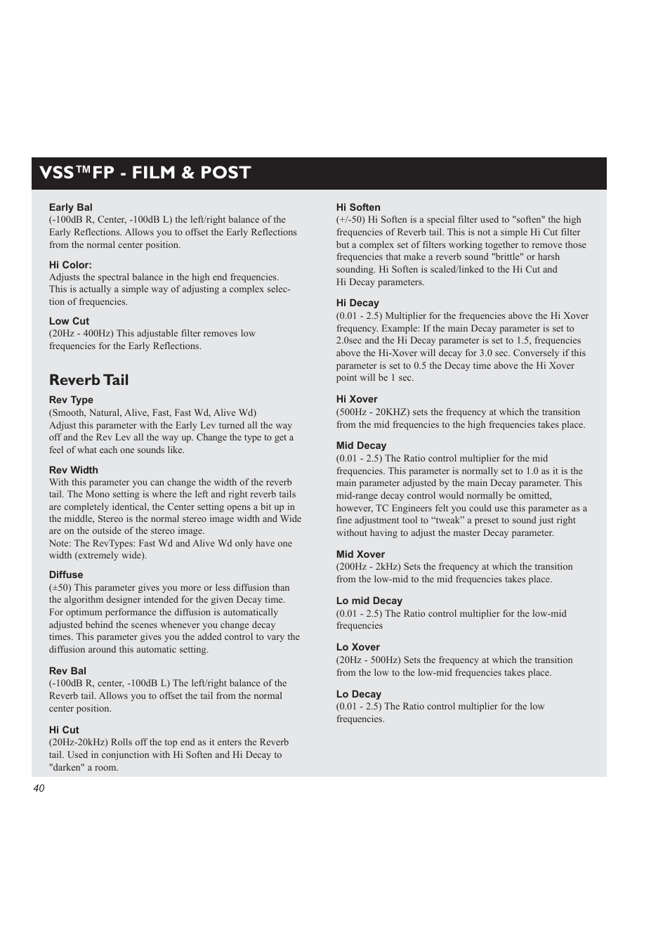 Vss™fp - film & post, Reverb tail | TC Electronic M3000 User Manual | Page 42 / 78