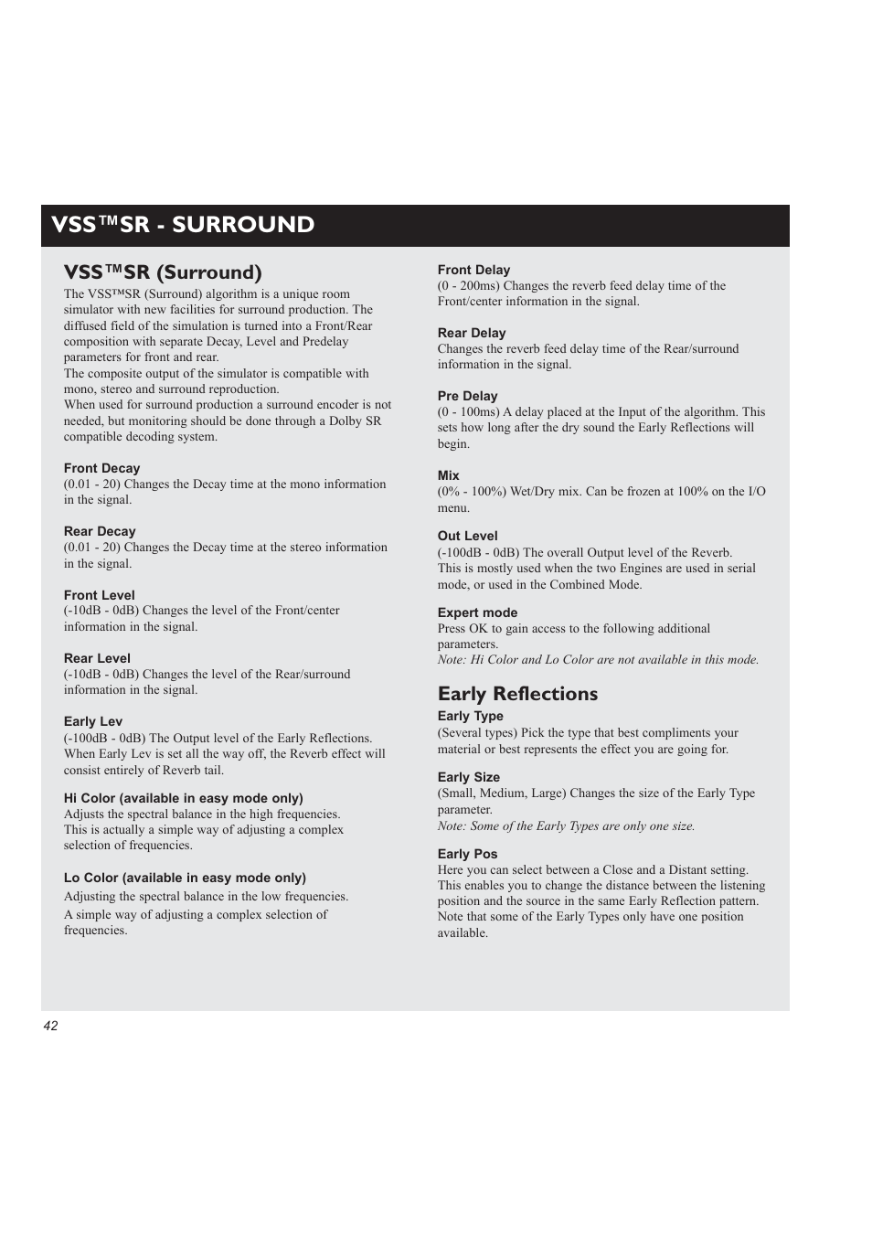 Vss™sr - surround, Early reflections, Vss™sr (surround) | TC Electronic M3000 User Manual | Page 44 / 78