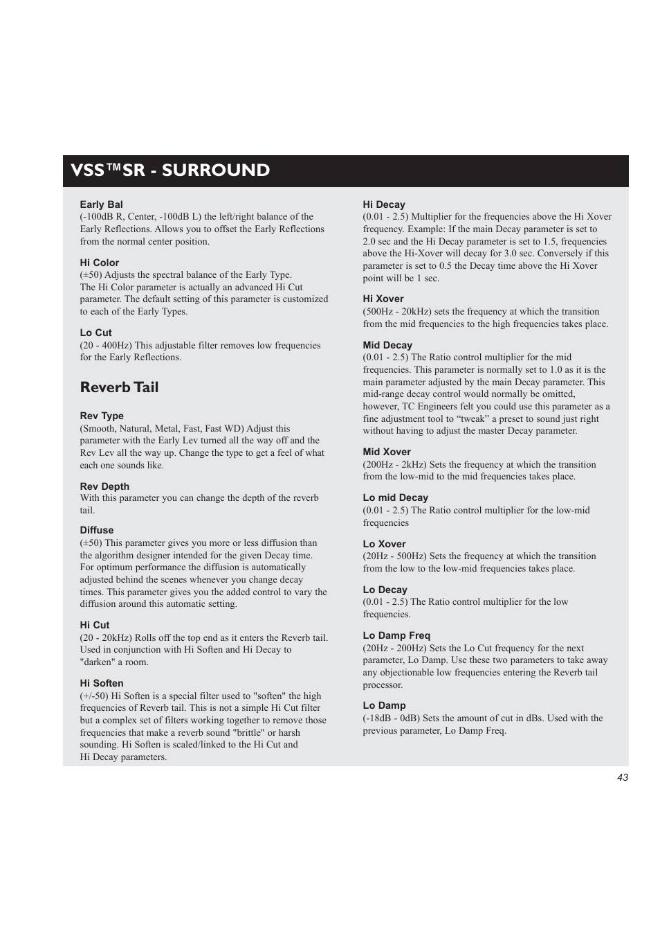 Vss™sr - surround, Reverb tail | TC Electronic M3000 User Manual | Page 45 / 78