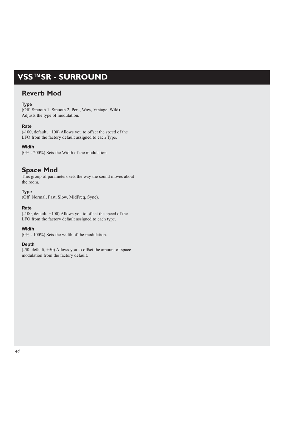 Vss™sr - surround, Reverb mod, Space mod | TC Electronic M3000 User Manual | Page 46 / 78
