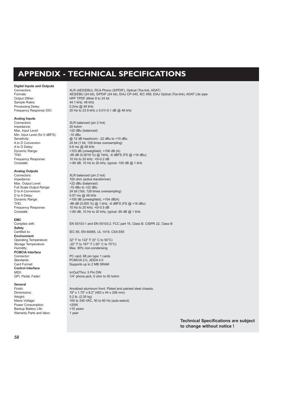 Appendix - technical specifications | TC Electronic M3000 User Manual | Page 60 / 78