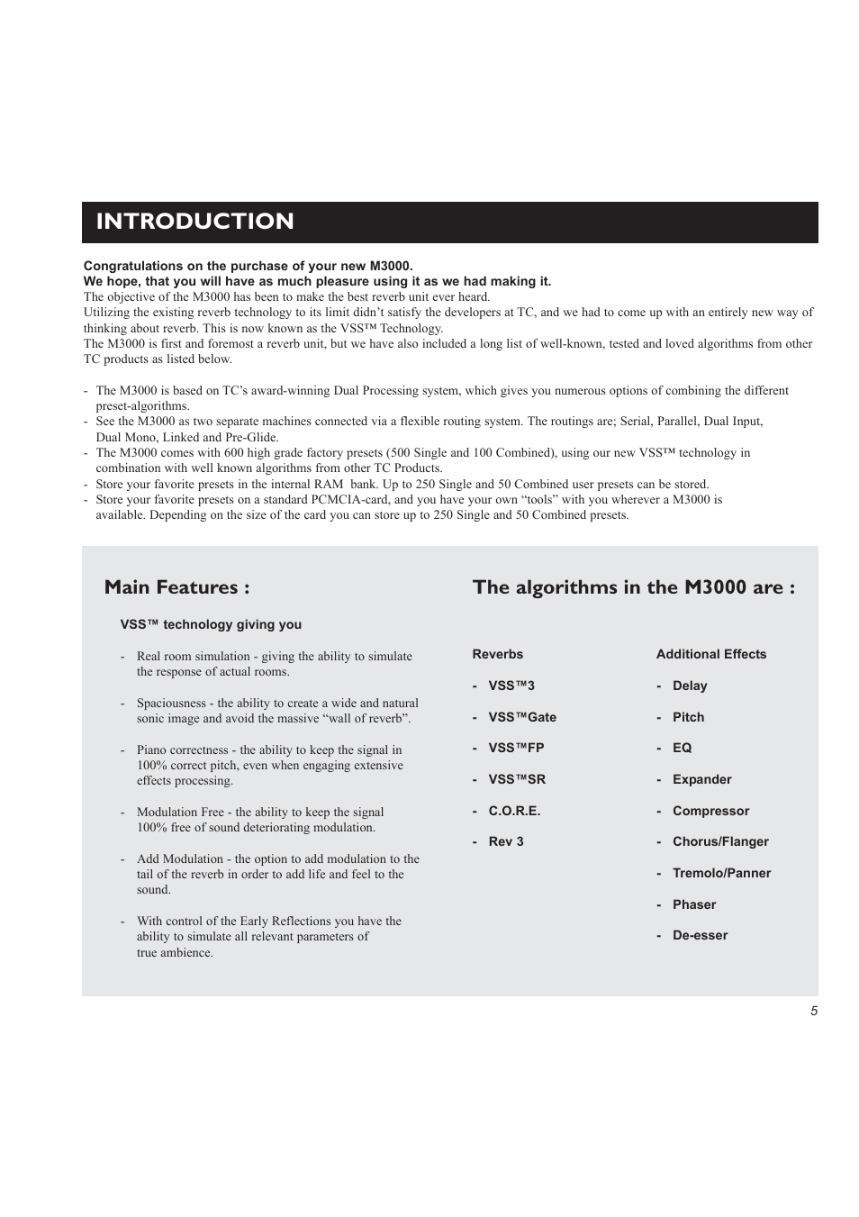 Introduction, Main features, The algorithms in the m3000 are | TC Electronic M3000 User Manual | Page 7 / 78