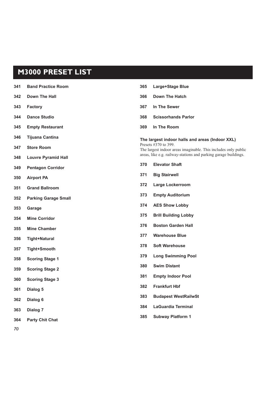 M3000 preset list | TC Electronic M3000 User Manual | Page 72 / 78