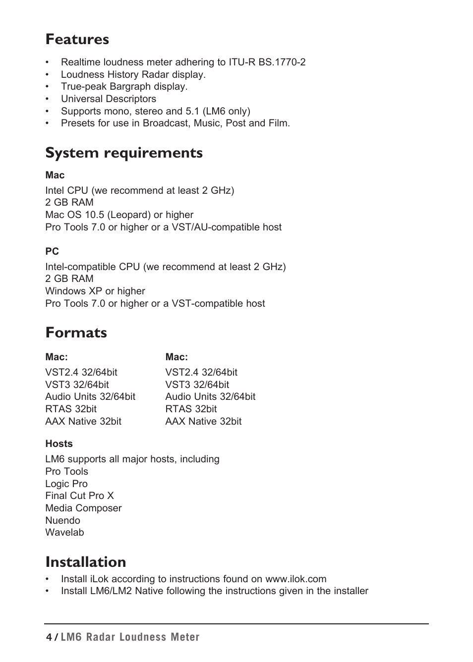 Features, System requirements, Formats | Installation | TC Electronic LM2 Plug-in User Manual | Page 4 / 24