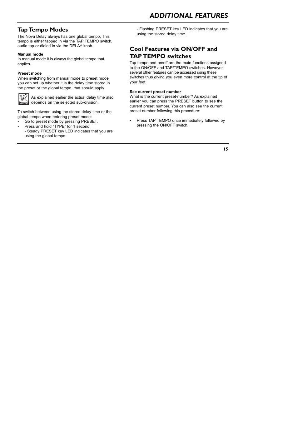 Additional features, Tap tempo modes, Cool features via on/off and tap tempo switches | TC Electronic ND-1 Nova Delay User Manual | Page 15 / 20