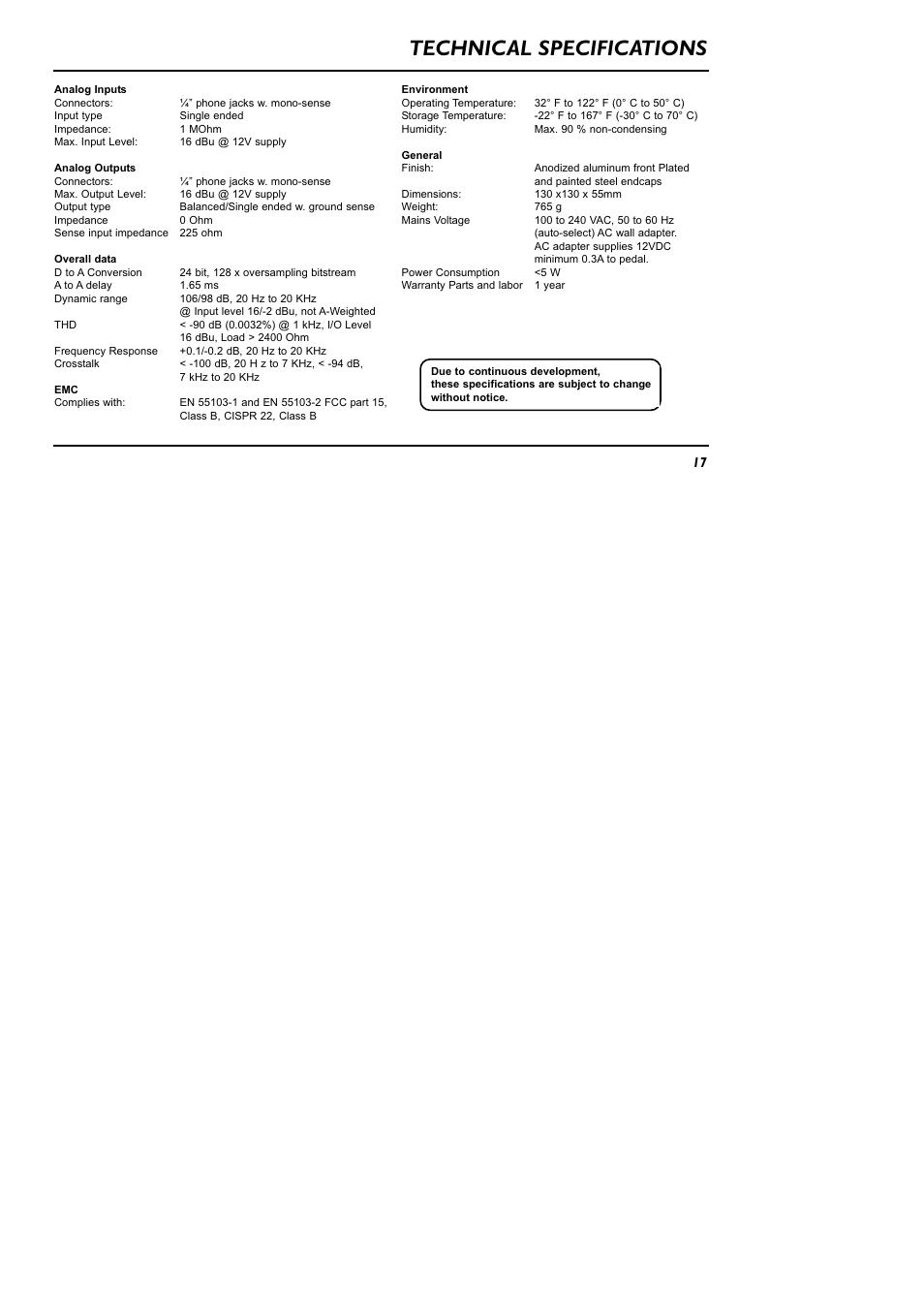 Technical specifications | TC Electronic ND-1 Nova Delay User Manual | Page 17 / 20