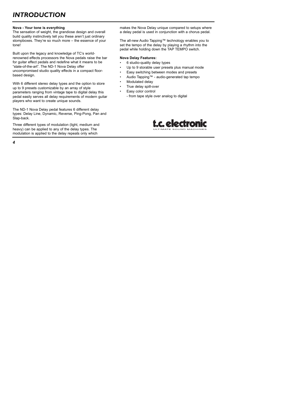 Introduction | TC Electronic ND-1 Nova Delay User Manual | Page 4 / 20