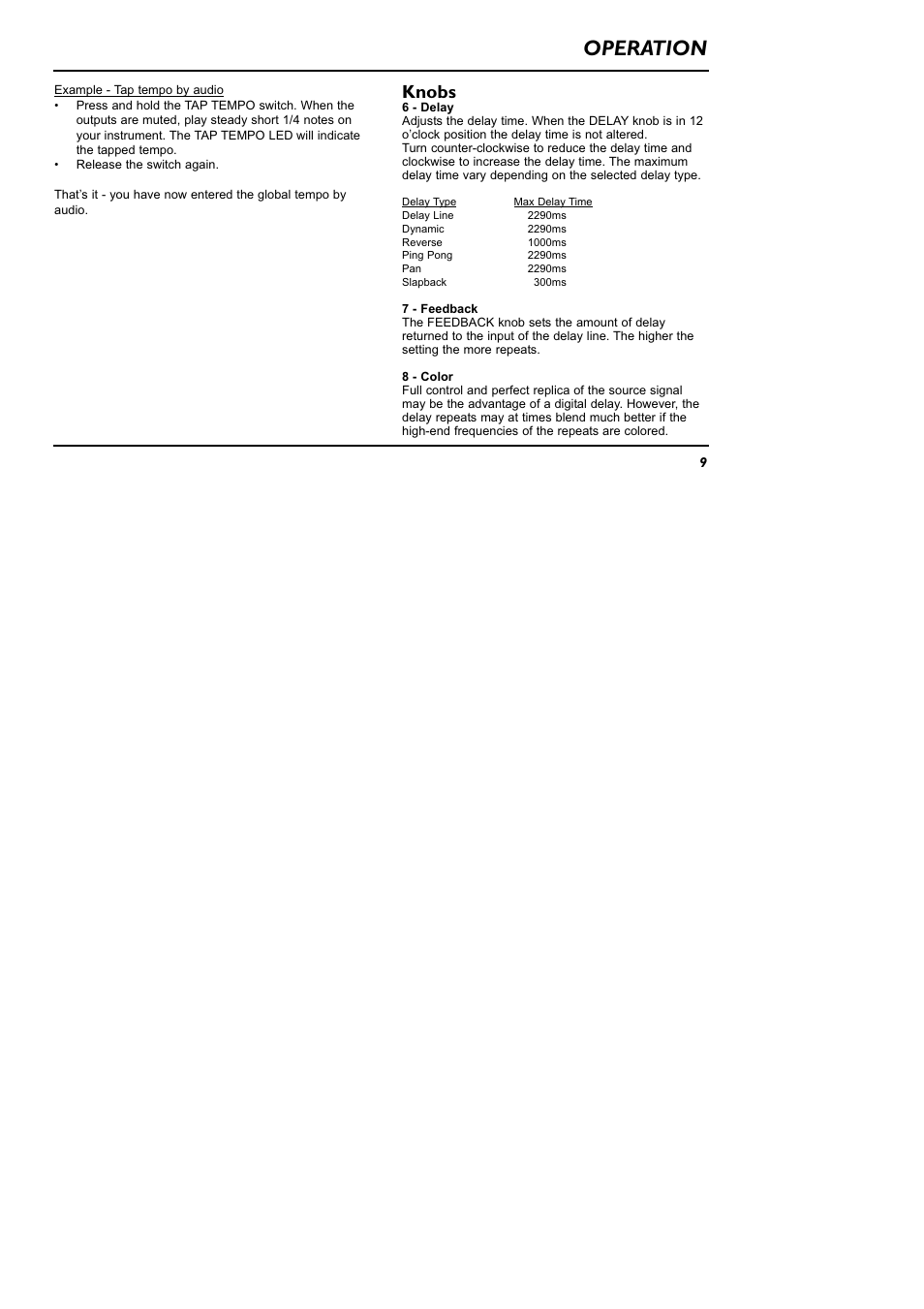 Operation, Knobs | TC Electronic ND-1 Nova Delay User Manual | Page 9 / 20