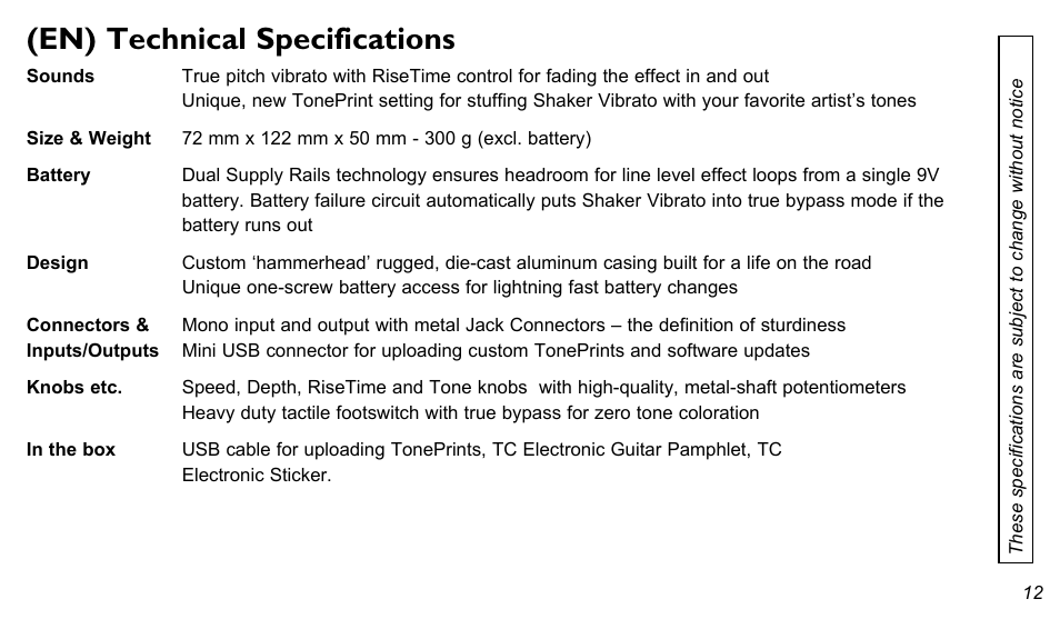 En) technical specifications | TC Electronic Shaker Vibrato User Manual | Page 12 / 13