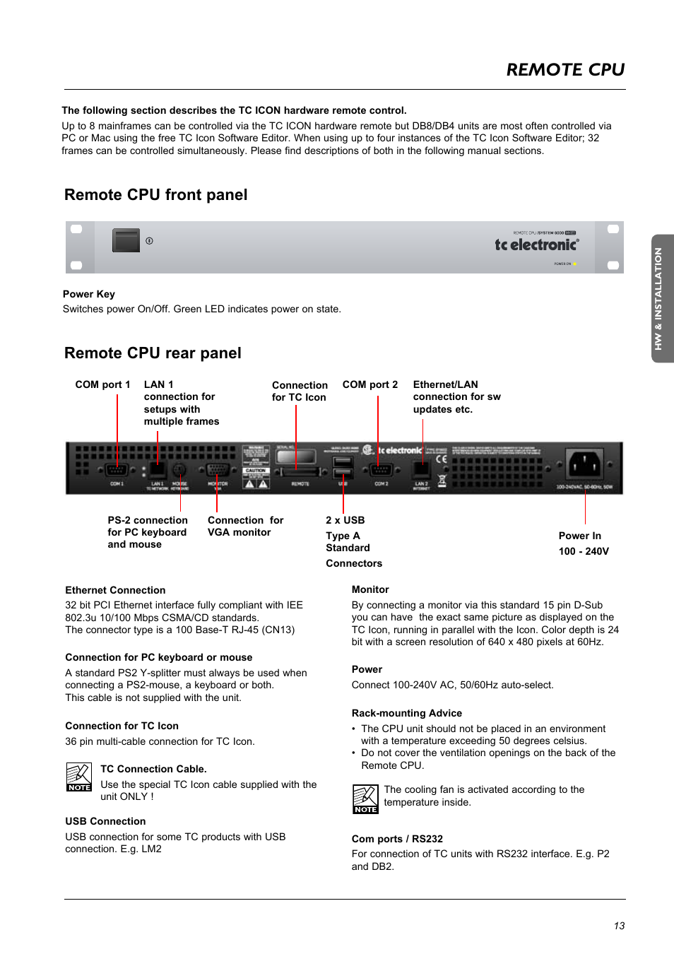 Remote cpu, Remote cpu front panel remote cpu rear panel | TC Electronic DB8 MKII User Manual | Page 13 / 50