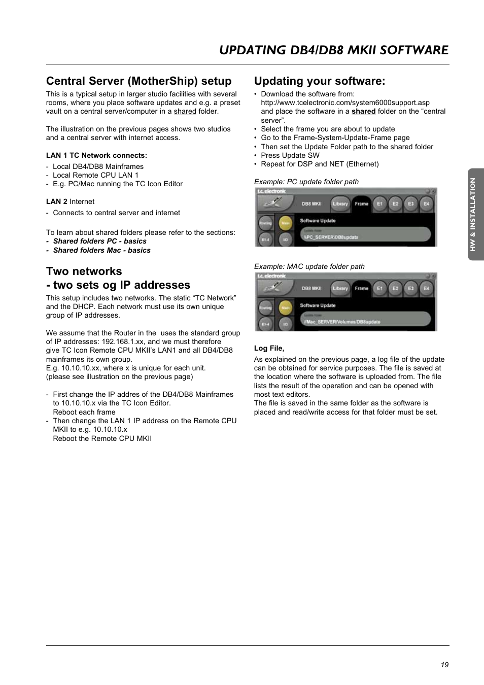 Updating db4/db8 mkii software, Updating your software, Central server (mothership) setup | Two networks - two sets og ip addresses | TC Electronic DB8 MKII User Manual | Page 19 / 50