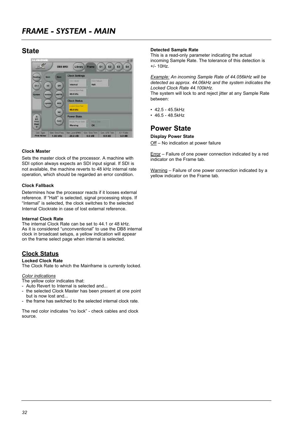 Frame - system - main, State, Power state | Clock status | TC Electronic DB8 MKII User Manual | Page 32 / 50