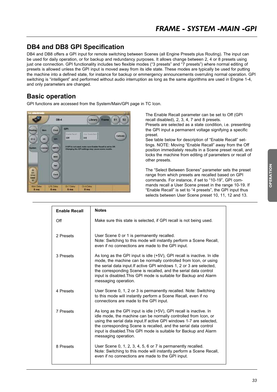Frame - system -main -gpi, Db4 and db8 gpi specification, Basic operation | TC Electronic DB8 MKII User Manual | Page 33 / 50