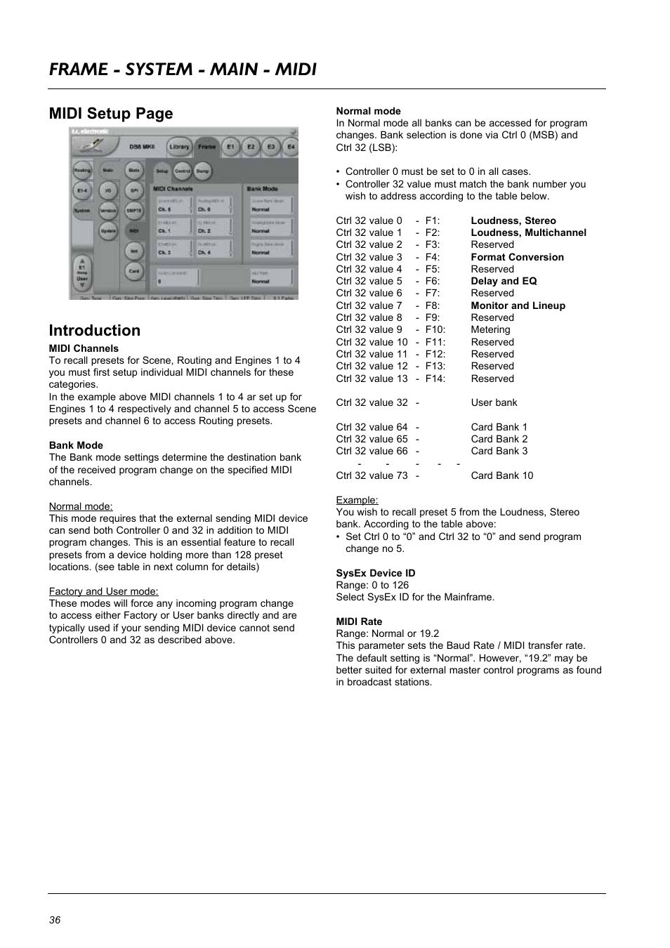 Frame - system - main - midi, Midi setup page introduction | TC Electronic DB8 MKII User Manual | Page 36 / 50