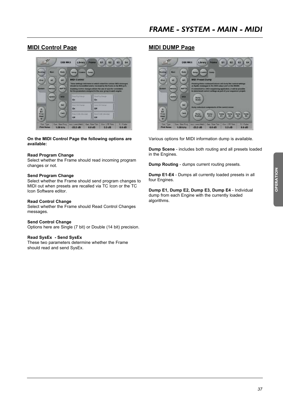 Frame - system - main - midi, Midi control page, Midi dump page | TC Electronic DB8 MKII User Manual | Page 37 / 50