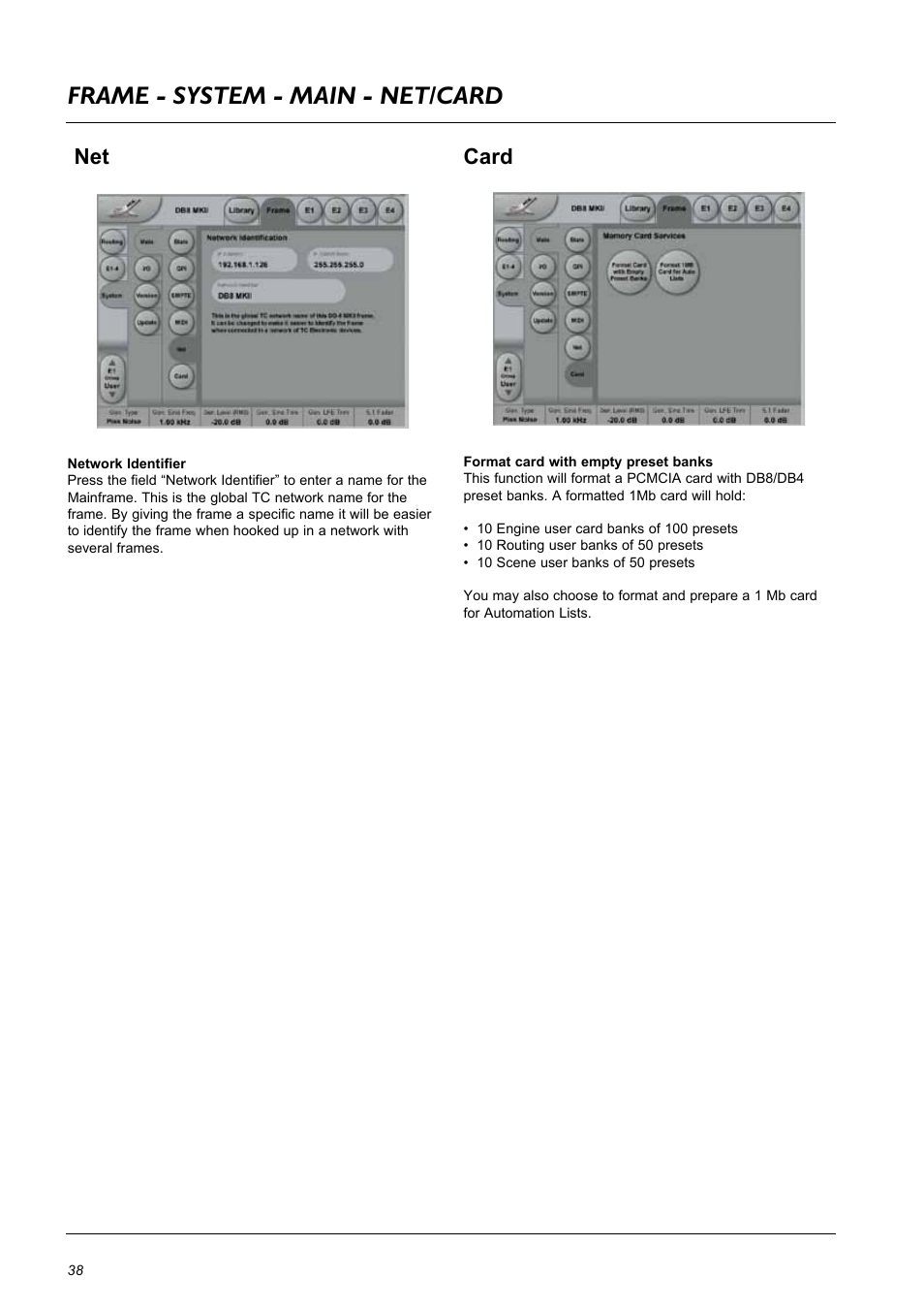 Frame - system - main - net/card, Card | TC Electronic DB8 MKII User Manual | Page 38 / 50