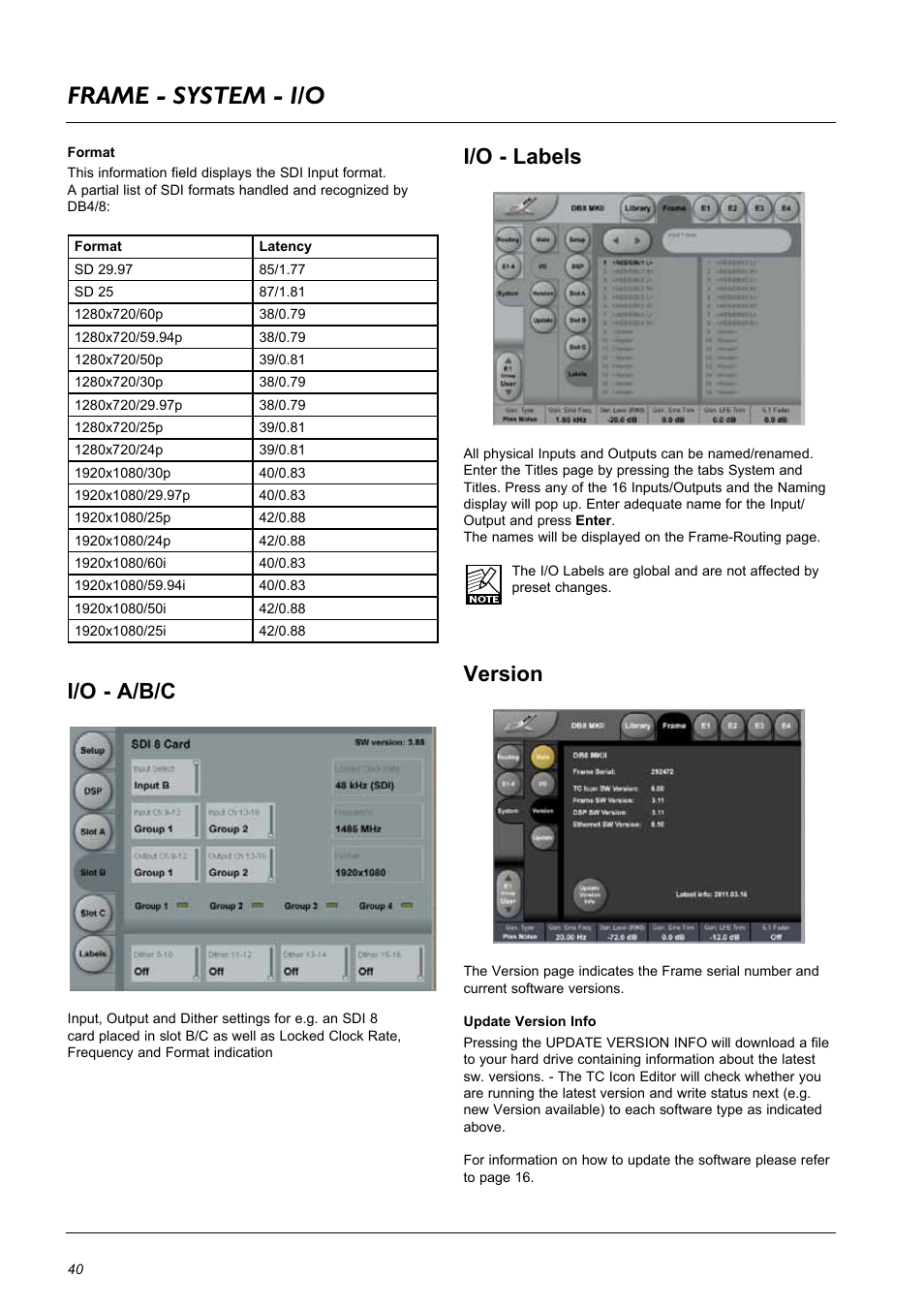 Frame - system - i/o, I/o - a/b/c, I/o - labels | Version | TC Electronic DB8 MKII User Manual | Page 40 / 50