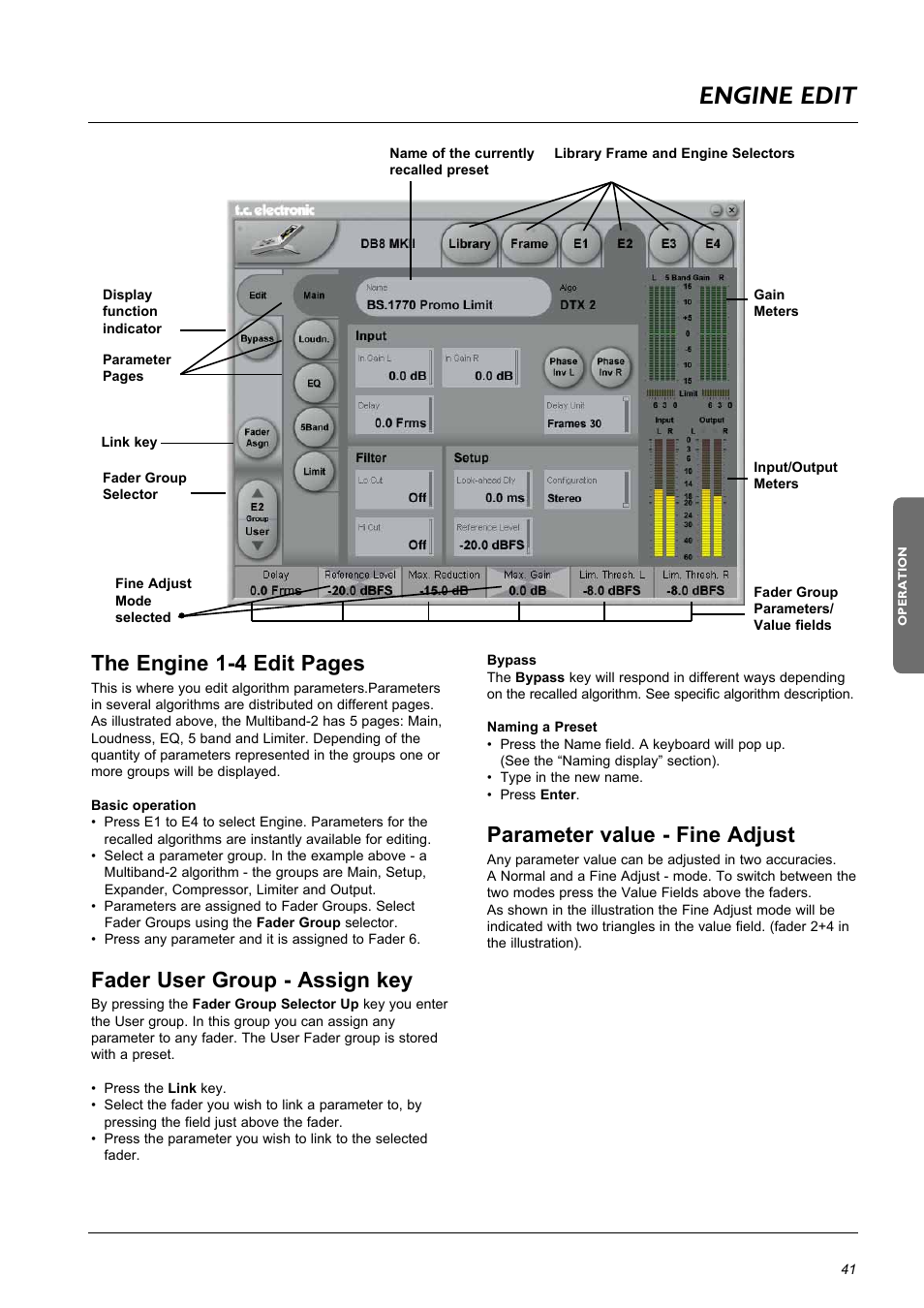 Engine edit, The engine 1-4 edit pages, Fader user group - assign key | Parameter value - fine adjust | TC Electronic DB8 MKII User Manual | Page 41 / 50