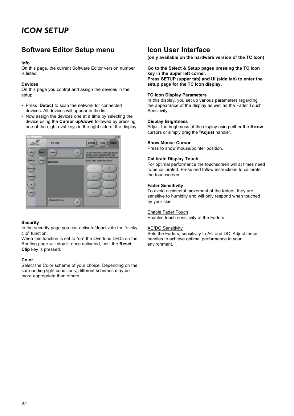 Icon setup, Icon user interface, Software editor setup menu | TC Electronic DB8 MKII User Manual | Page 42 / 50