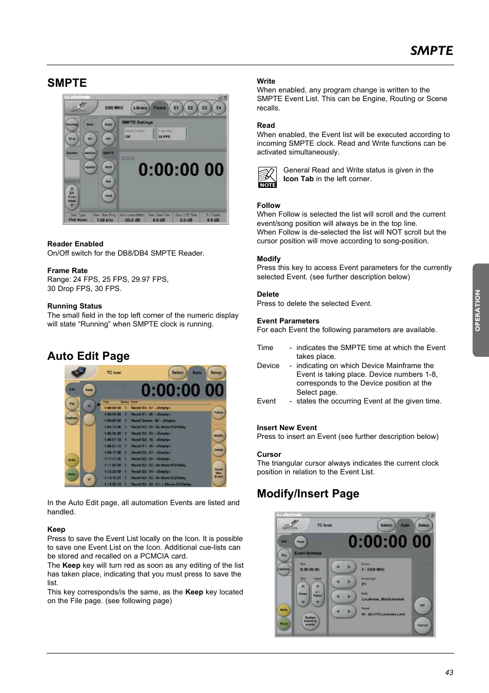 Smpte, Auto edit page, Modify/insert page | TC Electronic DB8 MKII User Manual | Page 43 / 50