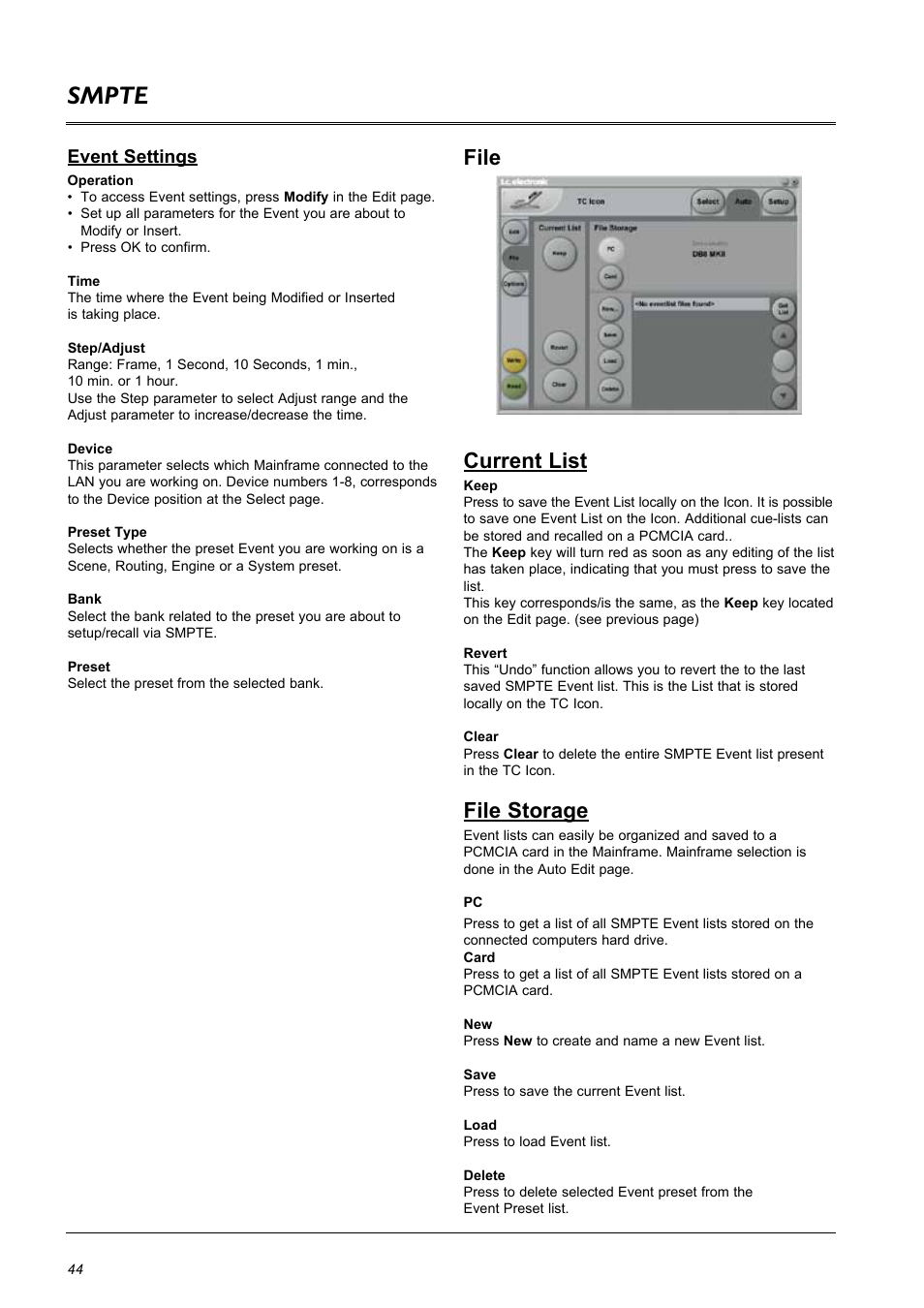 Smpte, File current list, File storage | Event settings | TC Electronic DB8 MKII User Manual | Page 44 / 50